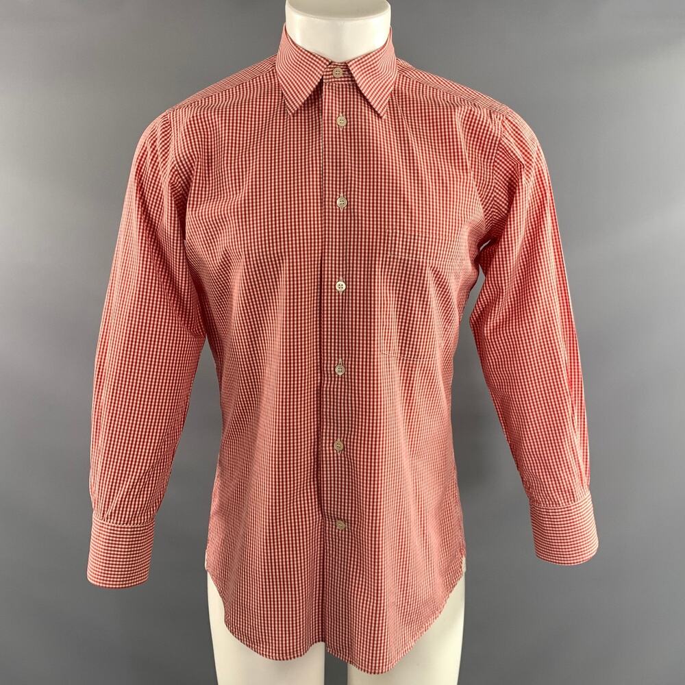BRULI Size M Red White Gingham Cotton Pointed Collar Long Sleeve Shirt